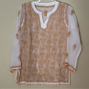NWOT silk chiffon tunic Kurta embroidered White & Golden Sz 36 Small/medium
